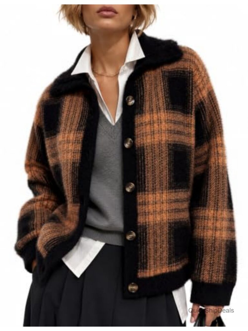 Chunky Knit Plaid Cardigan Sweater Jacket with Funnel Neck & Pockets